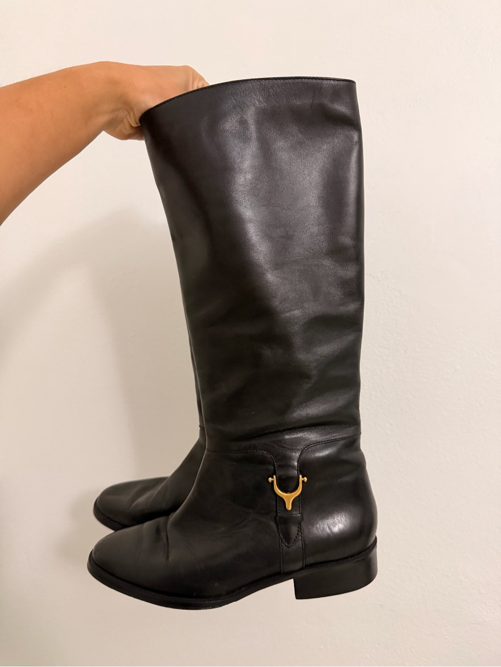 Etienne Aigner Black Leather Tall Riding Boots with Gold Accent